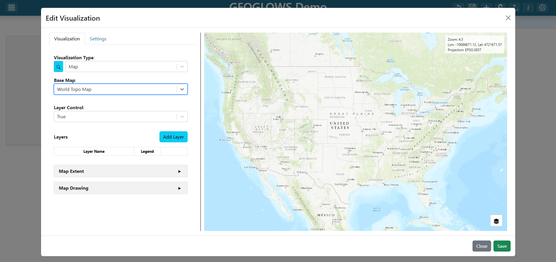 Map with a base map selected