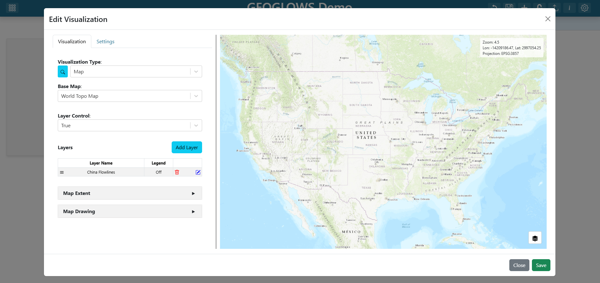 Flowlines layer rendered on the map