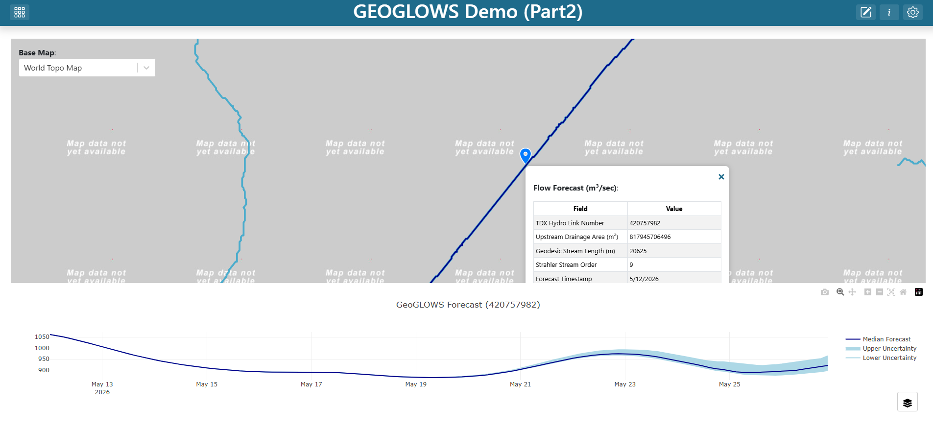 Final dashboard with the forecast plot responding to a river click