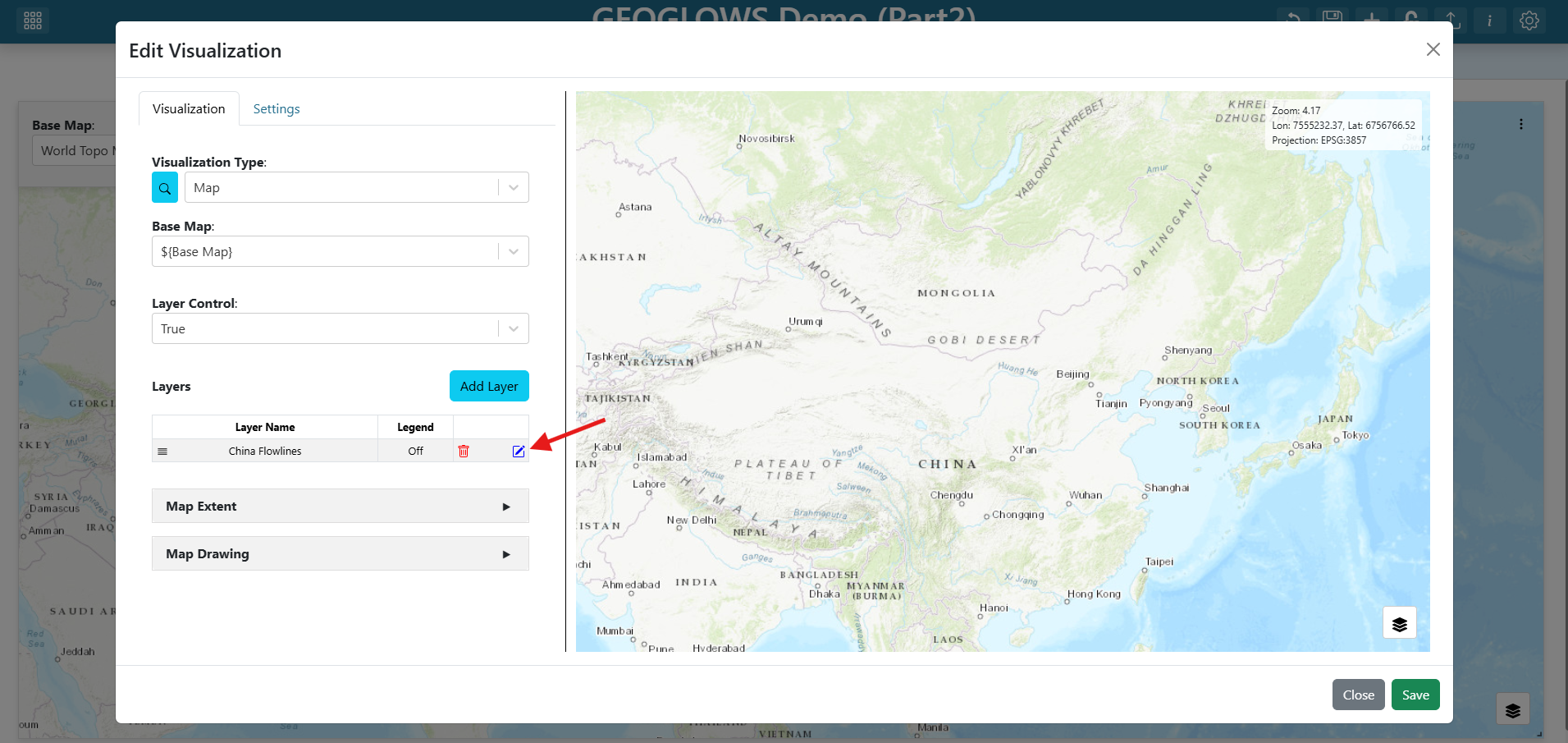 Opening the China Flowlines layer editor