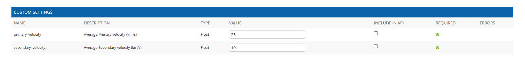 Custom settings section